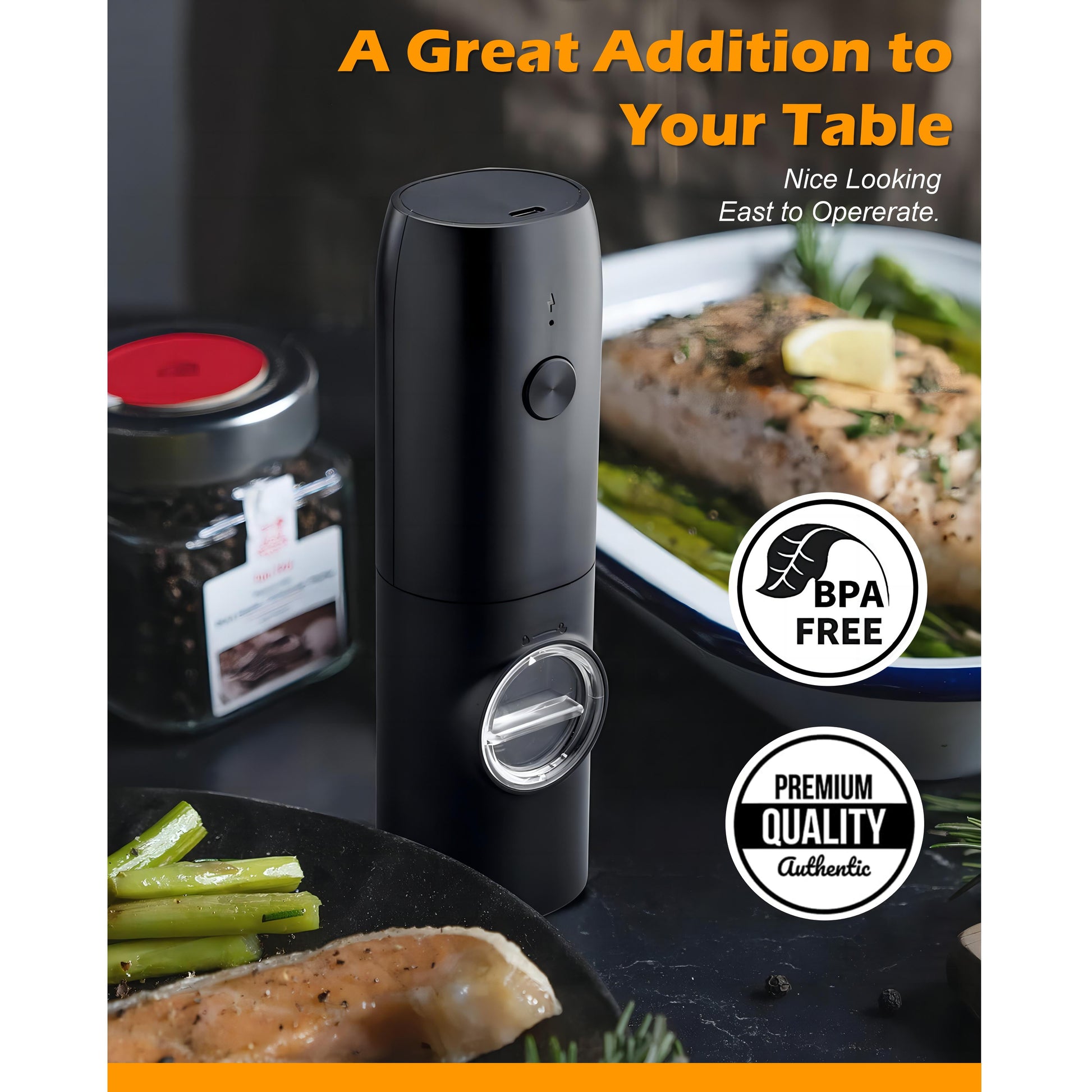 Electric Salt and Pepper Grinder, Automatic Pepper Mill, USB Rechargeable, Adjustable Coarseness, One-Handed Operation, Ceramic Burr, Refillable, Auto Grinders with LED Light, Black