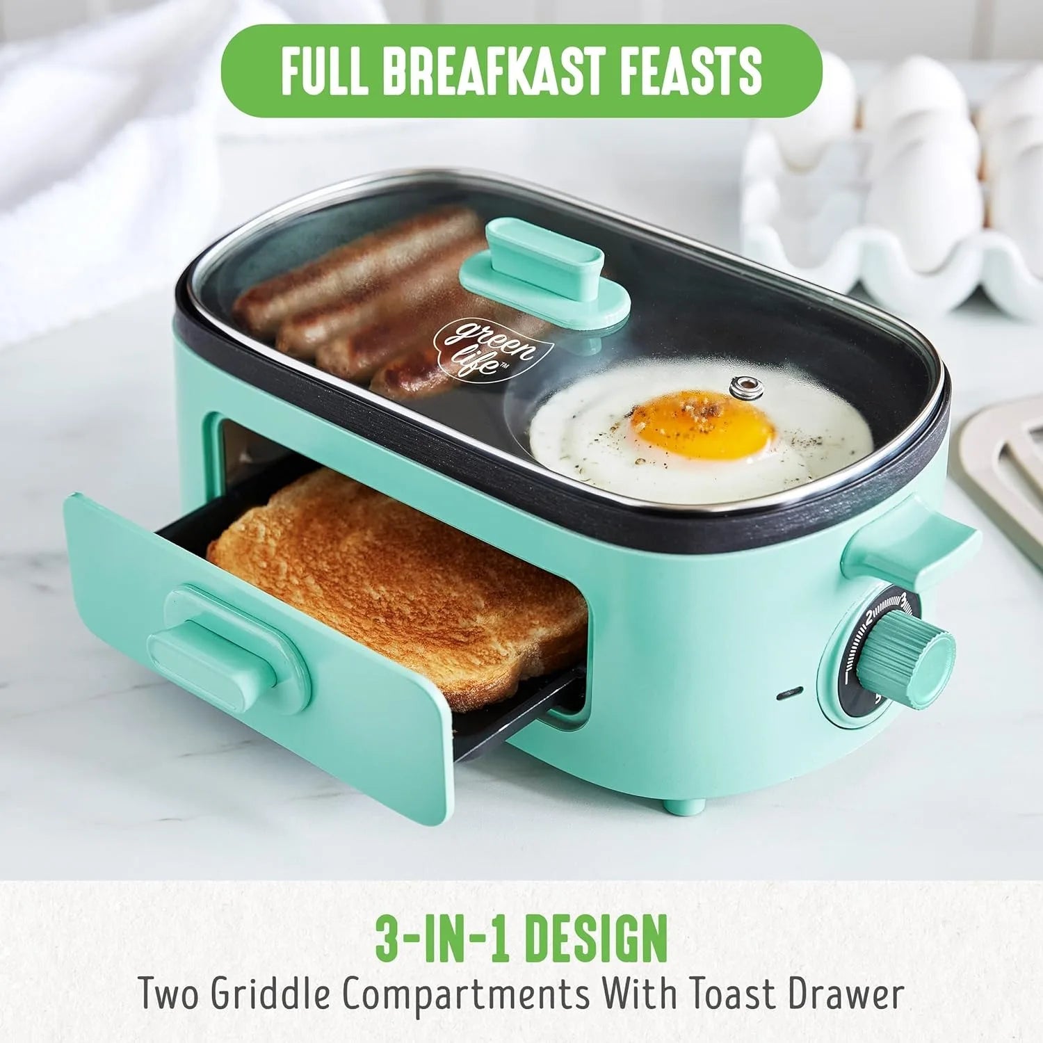 3-In-1 Breakfast Maker Station, Ceramic Nonstick Dual Griddles & Breakfast Sandwiches, 2 Slice Toast Drawer, Turquoise