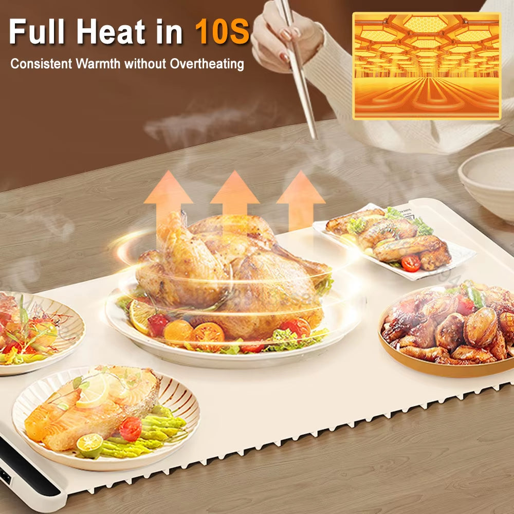 Electric Warming Tray Smart Food Warmer Mat Foldable Silicone Fast Heating Plate with 3 Tem Setting Electric Food Warming Tray