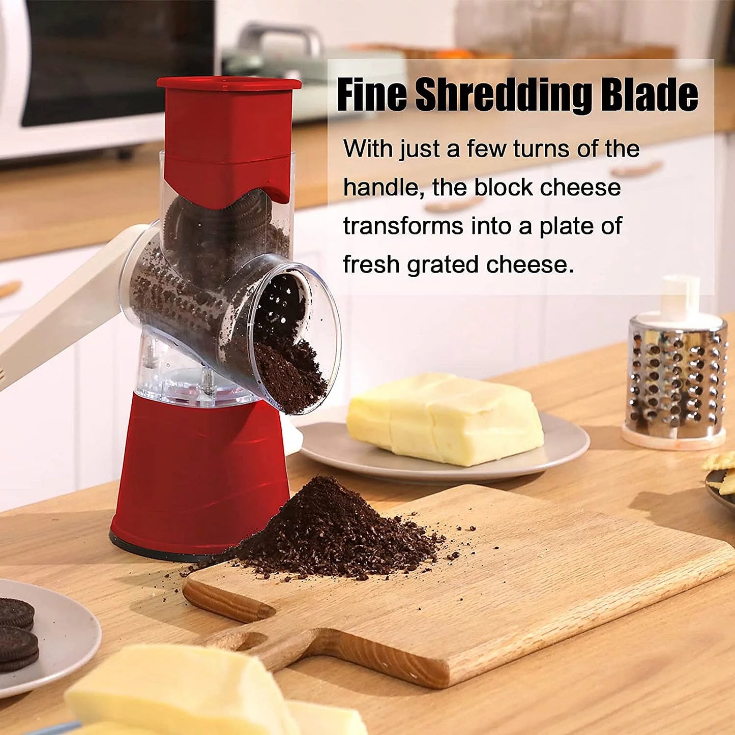 Rotary Cheese Grater, Vegetable Chopper, Efficient Graters for Kitchen with 3 Interchangeable round Stainless Steel Blades, Easy to Clean Cheese Shredder for Fruit, Vegetables, Nuts, Chocolat