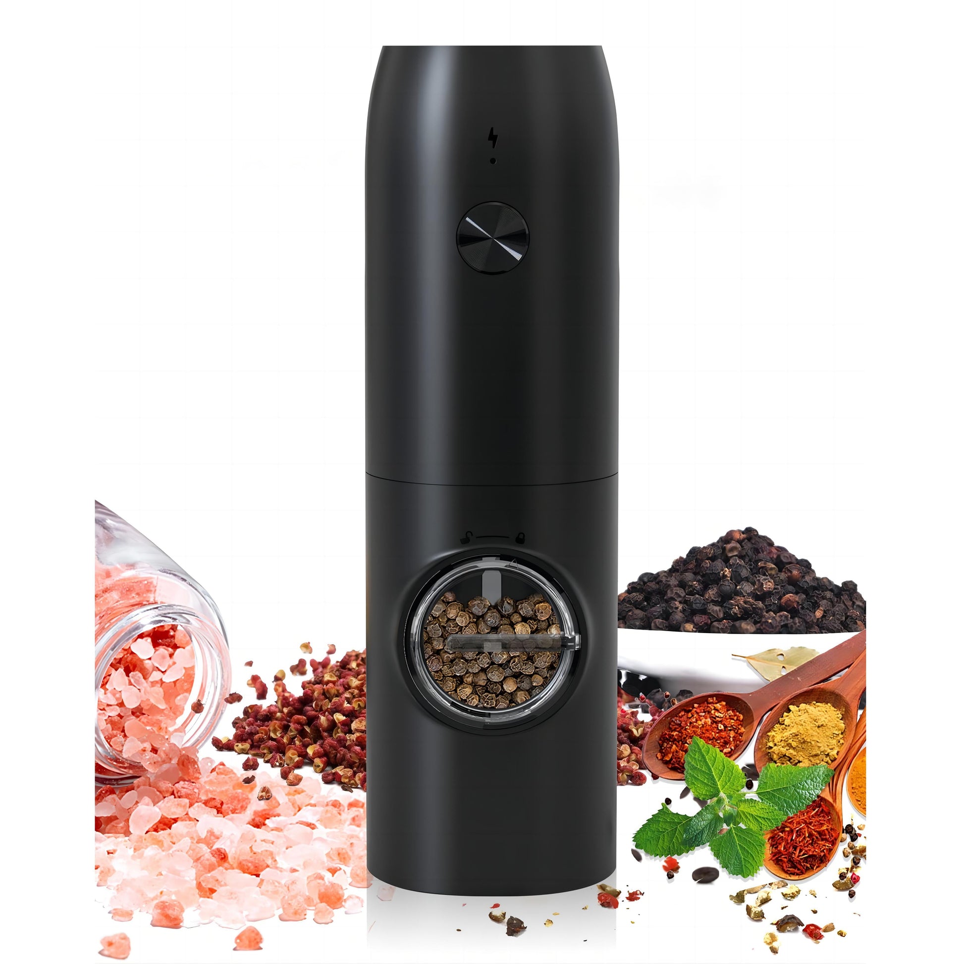 Electric Salt and Pepper Grinder, Automatic Pepper Mill, USB Rechargeable, Adjustable Coarseness, One-Handed Operation, Ceramic Burr, Refillable, Auto Grinders with LED Light, Black