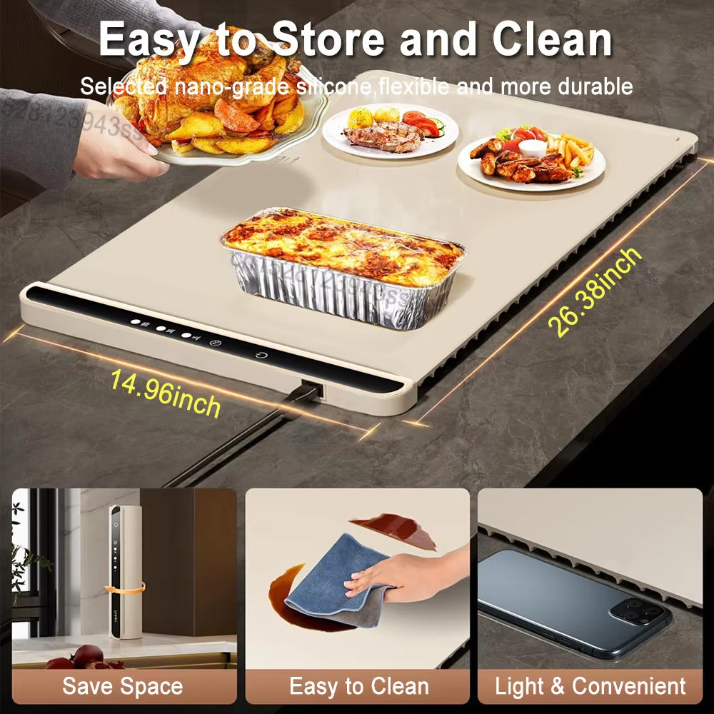 Electric Warming Tray Smart Food Warmer Mat Foldable Silicone Fast Heating Plate with 3 Tem Setting Electric Food Warming Tray