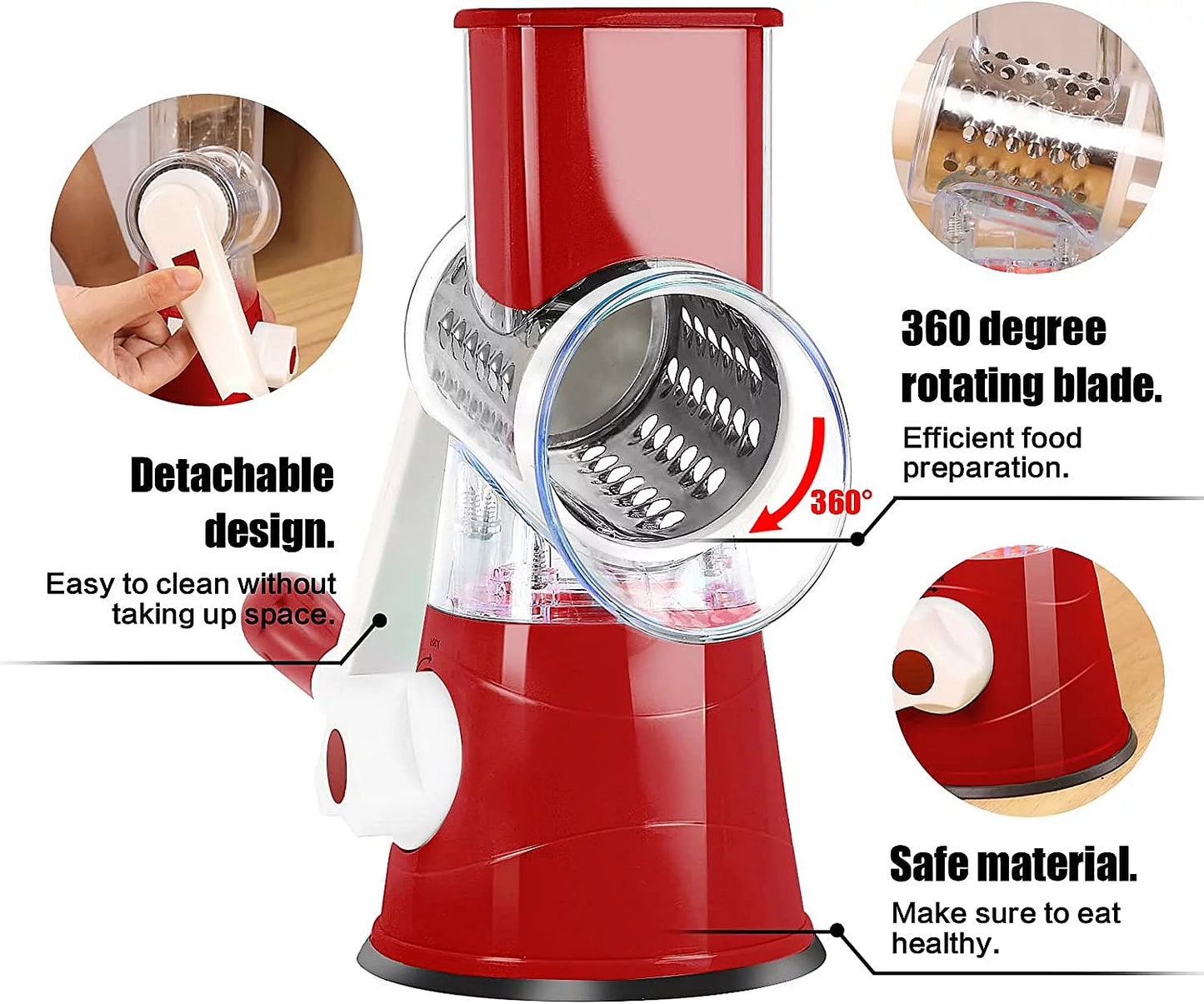 Rotary Cheese Grater, Vegetable Chopper, Efficient Graters for Kitchen with 3 Interchangeable round Stainless Steel Blades, Easy to Clean Cheese Shredder for Fruit, Vegetables, Nuts, Chocolat