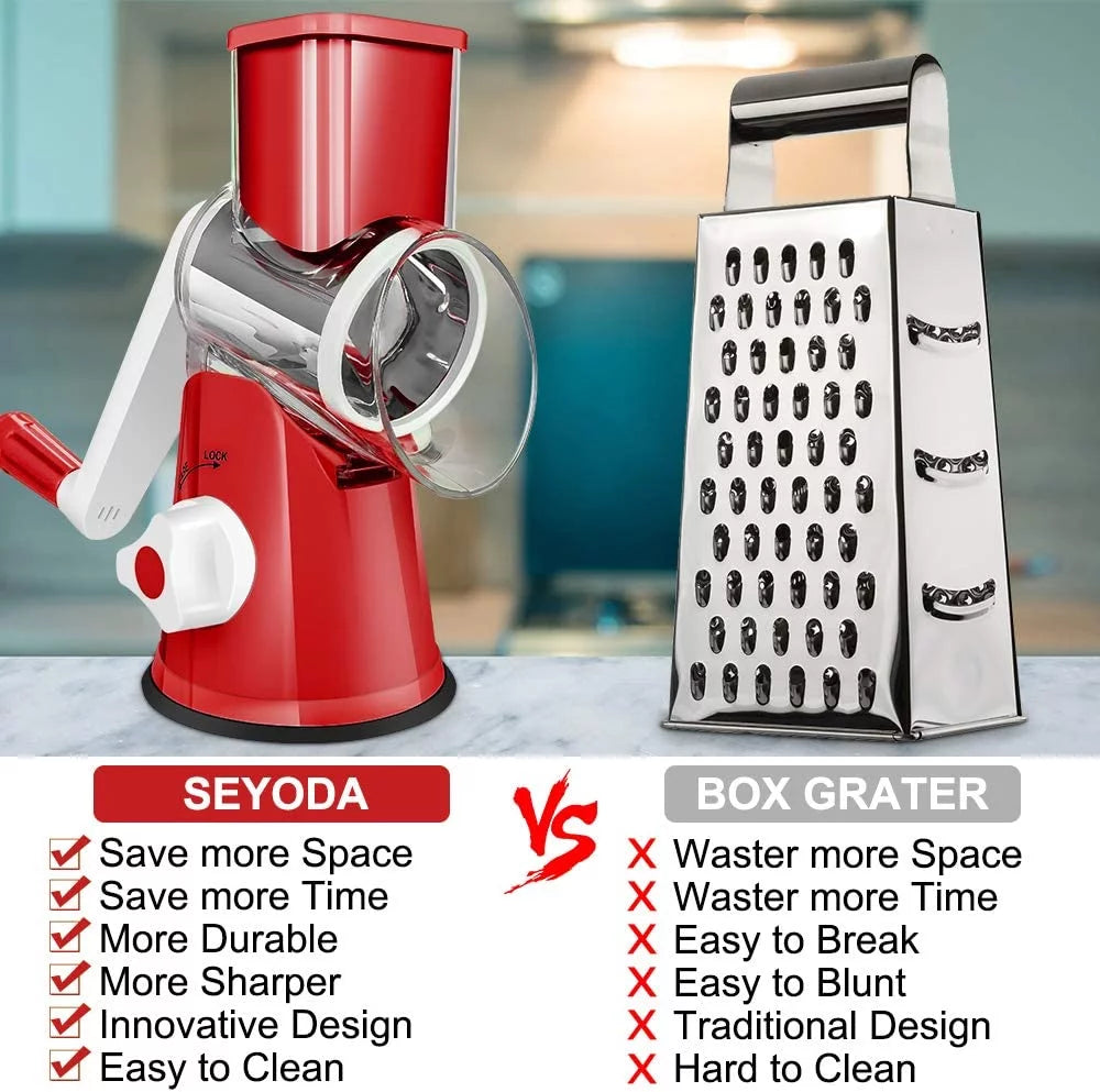 Rotary Cheese Grater, Vegetable Chopper, Efficient Graters for Kitchen with 3 Interchangeable round Stainless Steel Blades, Easy to Clean Cheese Shredder for Fruit, Vegetables, Nuts, Chocolat